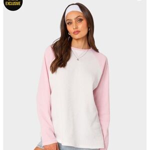 Edikted Pink and White Long Sleeve Waffle Shirt